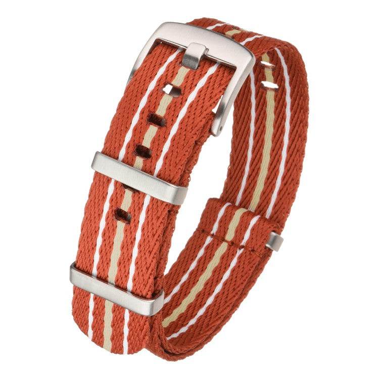 NATO military-style nylon strap with rugged one-piece design in orange and white stripes.