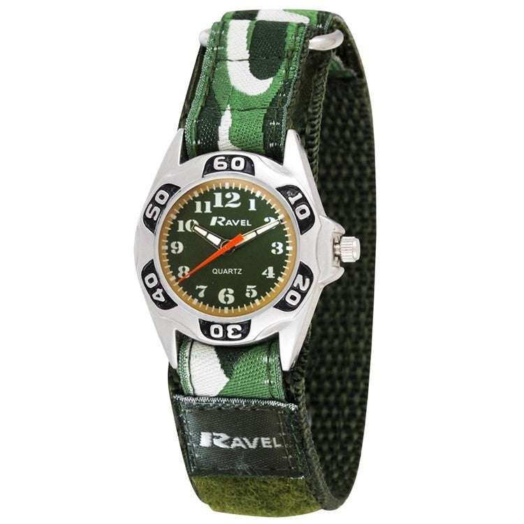 Ravel Kids Camouflage Green Velcro Watch R1507 with Arabic dial and durable design.