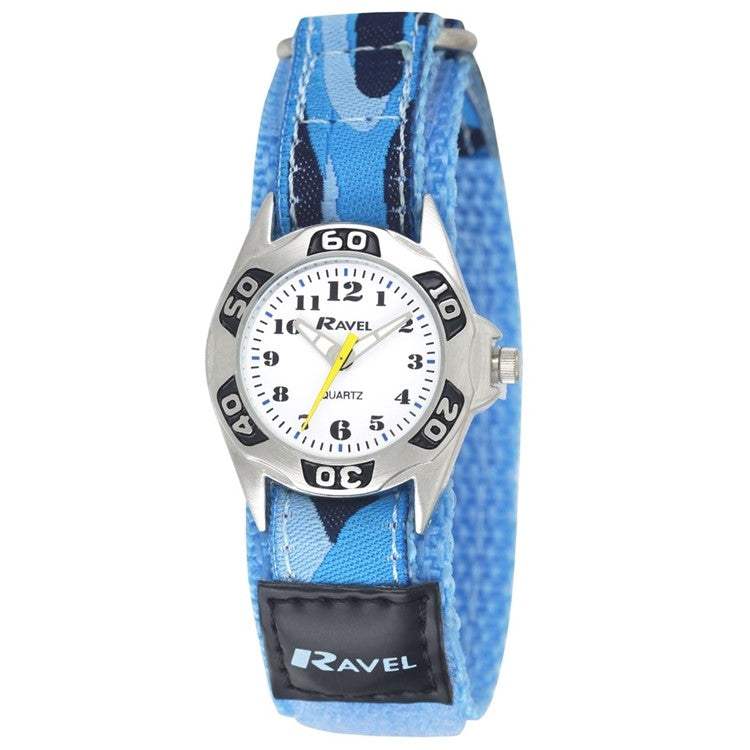 Kids blue camo watch with velcro strap and easy-read Arabic dial.