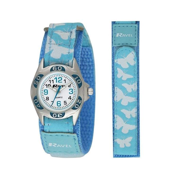 Ravel Kids Blue Butterfly Watch with Velcro Strap, silver case, full Arabic dial, butterfly design.