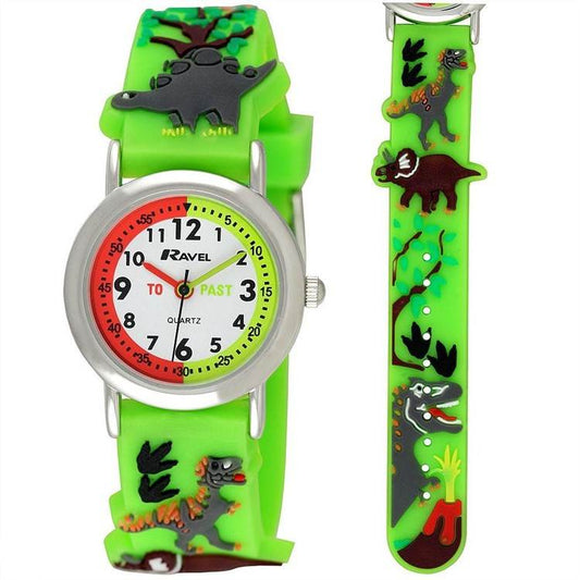 Ravel Kidz Dinosaur Time Teacher Watch with 3D silicone strap, Arabic numeral dial, and silver case.