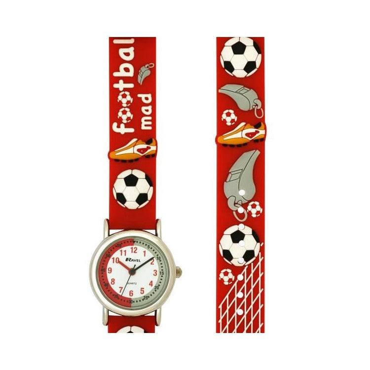 Ravel 3D Kidz Football Time Teacher Watch with colorful 3D football graphics and red silicon strap, silver round case.