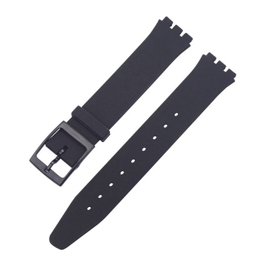 Compatible Swatch® watch strap in black, high-quality synthetic material, designed to fit all models.