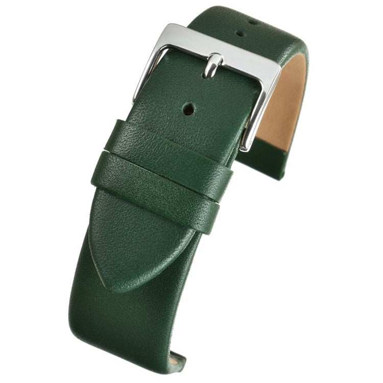 Smooth calf leather watch strap with green finish and square buckle.