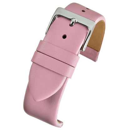 Premium pink calf leather watch strap with smooth edges and a square buckle.