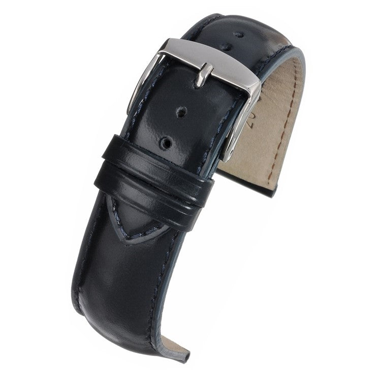 Smooth glossy leather watch strap with high-polished buckle, semi-padded design.