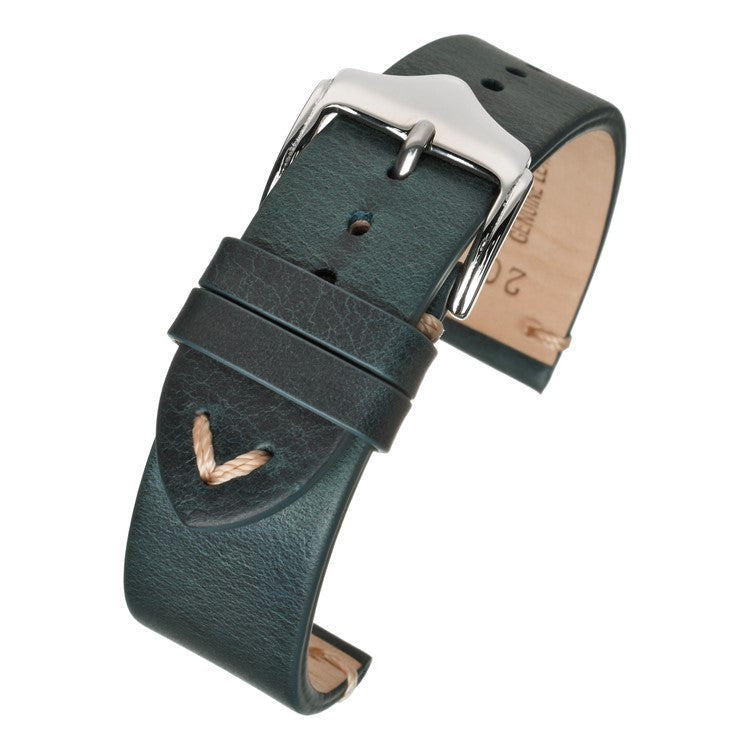 Vintage leather watch strap with distressed look, hand-stitched design, and raw cut edges.