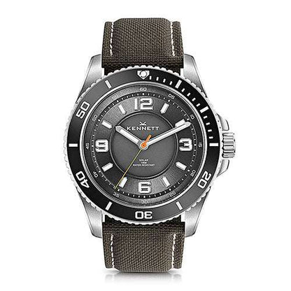 Kennett Solaxplorer Solar Watch with black bezel, 42.5mm stainless steel case, and green strap.