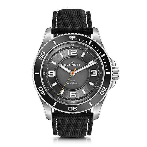 Kennett Solaxplorer Solar Watch with black dial, stainless steel case, and black strap.