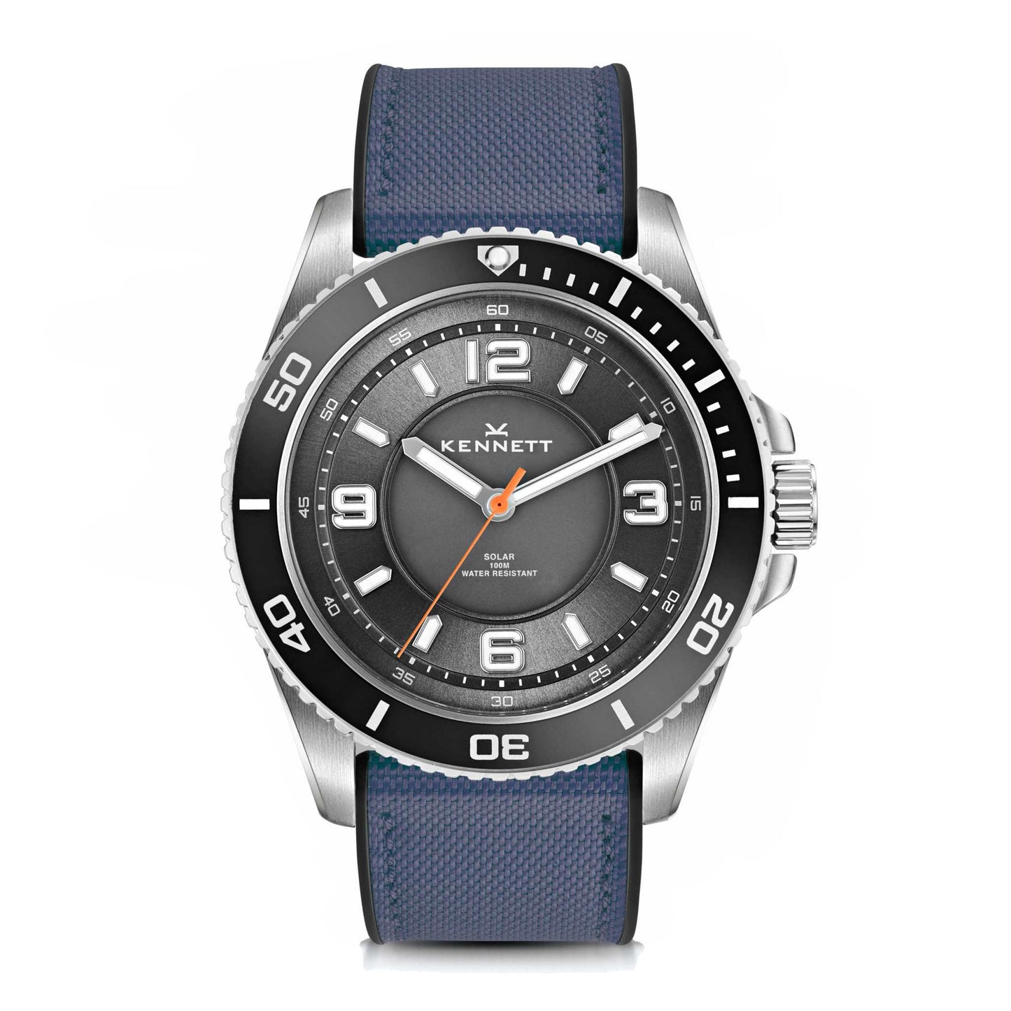 Kennett Solaxplorer Solar Watch with stainless steel case, blue strap, and unidirectional bezel.