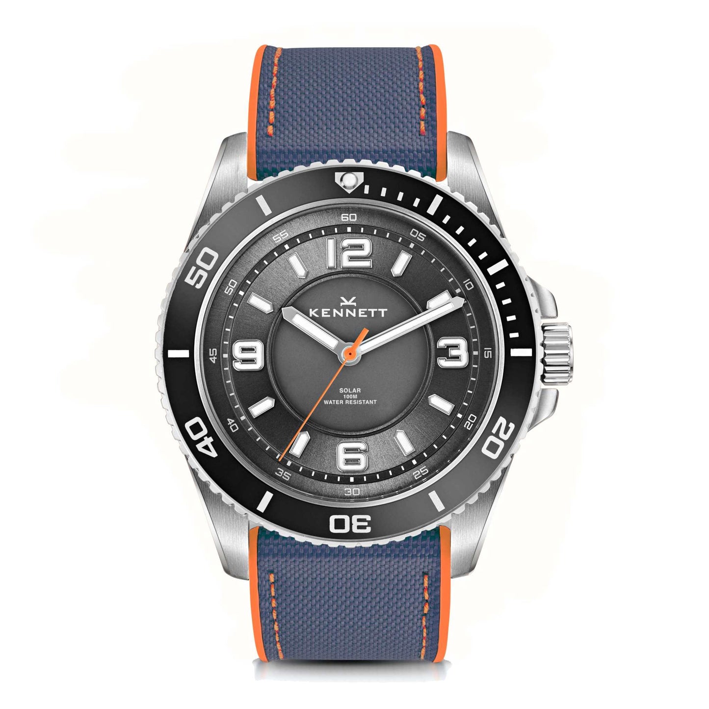 Kennett Solaxplorer Solar Watch with stainless steel case, unidirectional bezel, and blue strap.