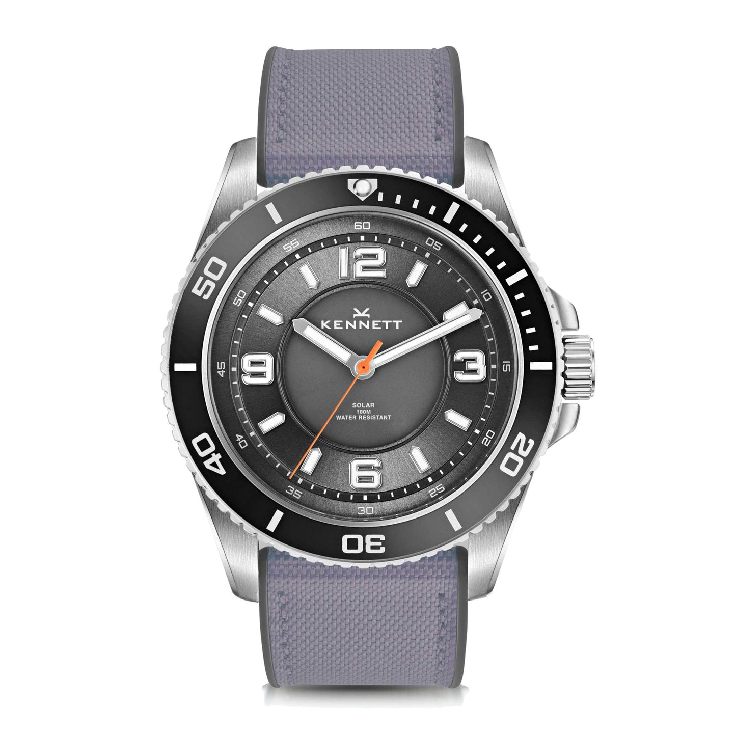 Kennett Solaxplorer Solar Watch with stainless steel case, gray strap, unidirectional bezel, and Super-LumiNova illumination.