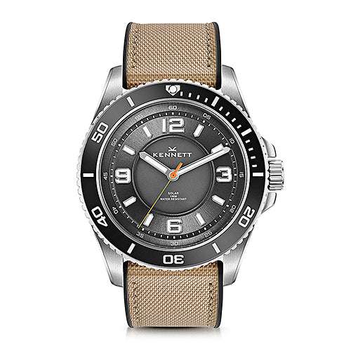 Kennett Solaxplorer Solar Watch with stainless steel case, beige strap, and black unidirectional bezel.