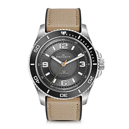 Kennett Solaxplorer Solar Watch with stainless steel case, beige strap, and black unidirectional bezel.