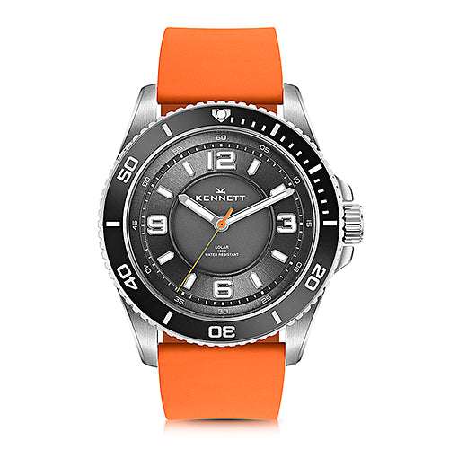 Kennett Solaxplorer Solar Watch with orange strap, stainless steel case, unidirectional bezel, and luminous indexes.